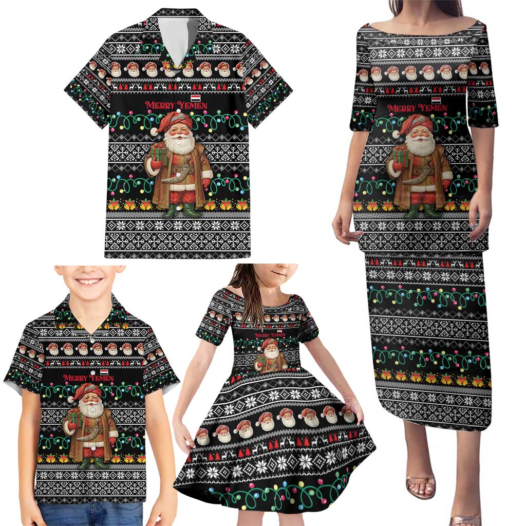 Yemen Christmas Family Matching Puletasi and Hawaiian Shirt with Traditional Santa Black Snowflake Pattern and Festive Lights - Wonder Print Shop