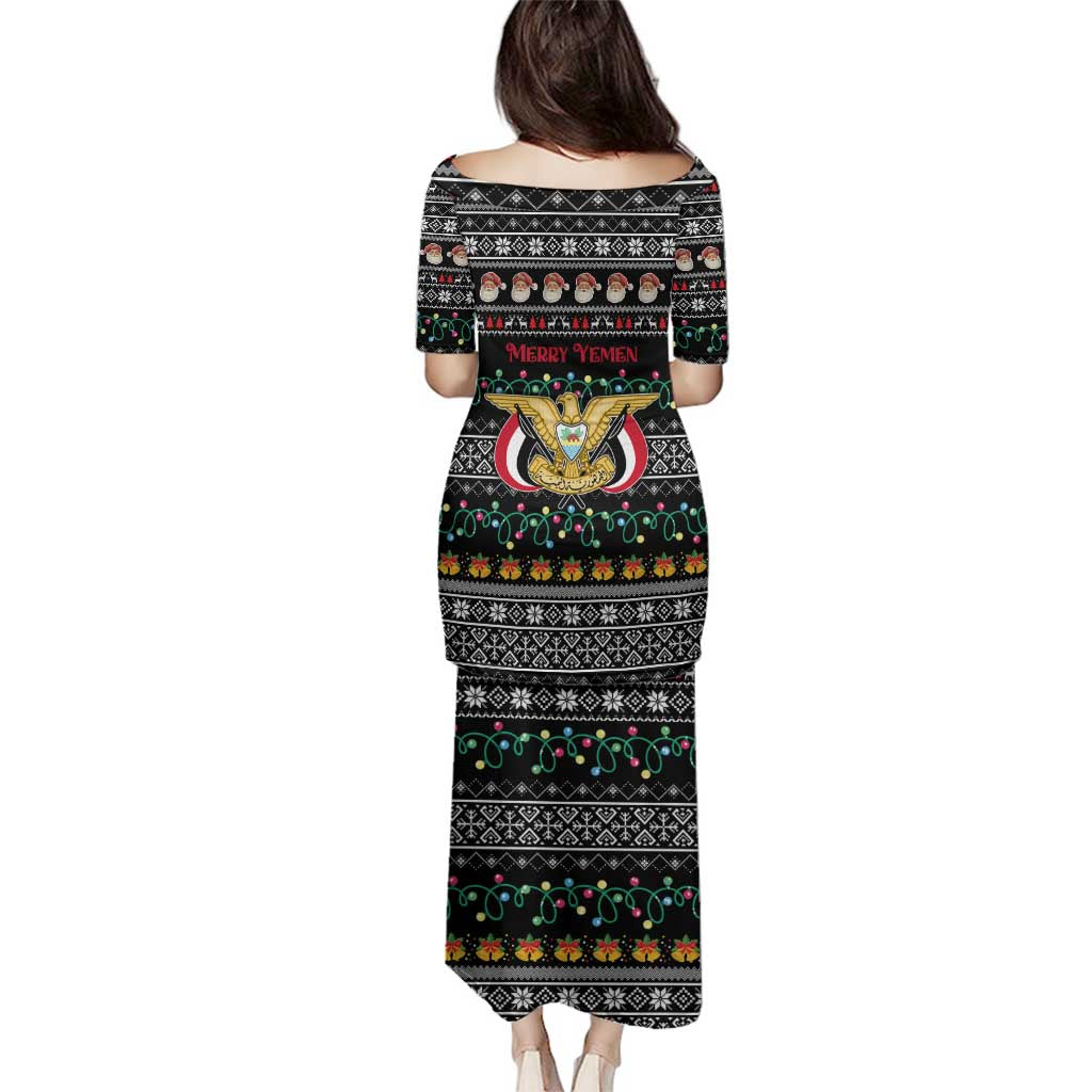Yemen Christmas Family Matching Puletasi and Hawaiian Shirt with Traditional Santa Black Snowflake Pattern and Festive Lights - Wonder Print Shop