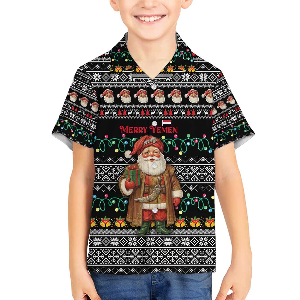 Yemen Christmas Family Matching Puletasi and Hawaiian Shirt with Traditional Santa Black Snowflake Pattern and Festive Lights - Wonder Print Shop