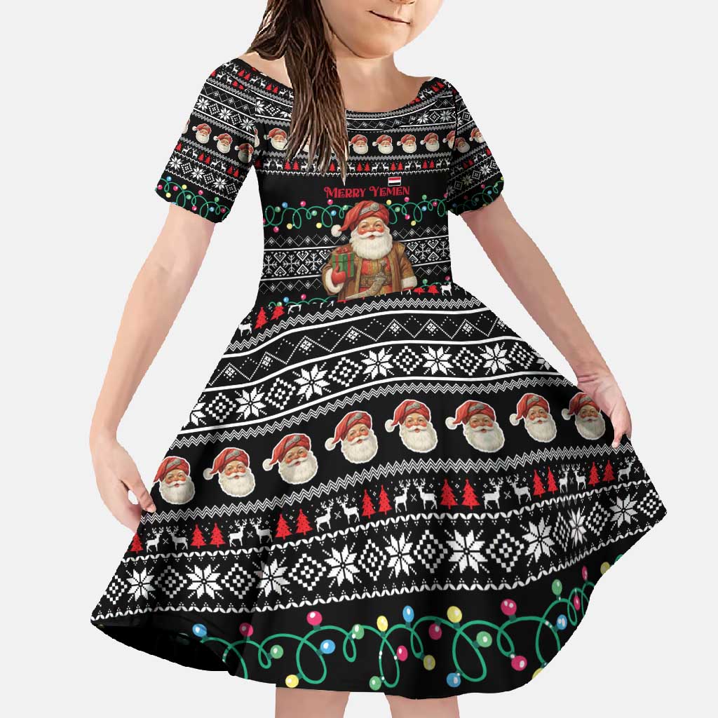 Yemen Christmas Family Matching Short Sleeve Bodycon Dress and Hawaiian Shirt with Traditional Santa Black Snowflake Pattern and Festive Lights - Wonder Print Shop