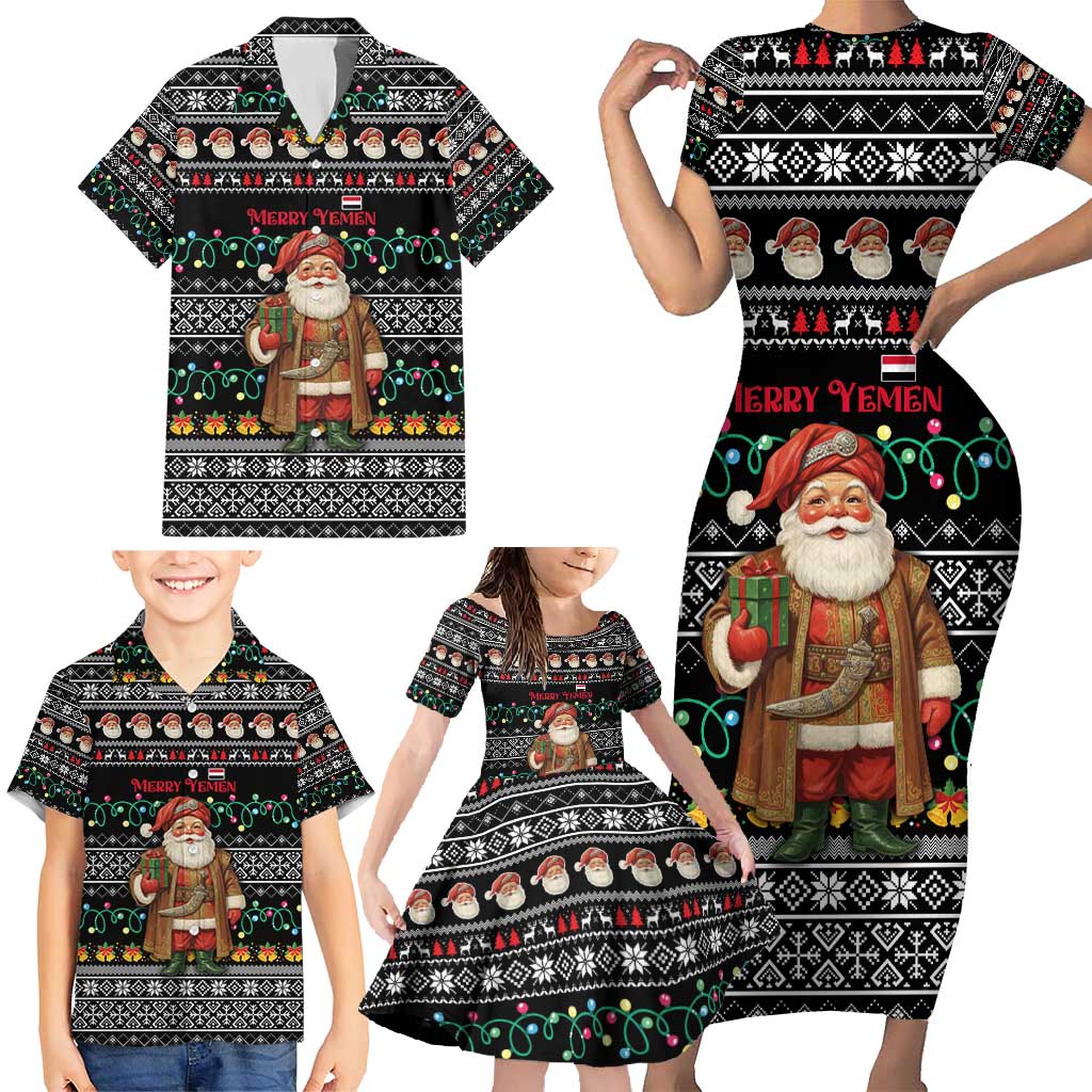 Yemen Christmas Family Matching Short Sleeve Bodycon Dress and Hawaiian Shirt with Traditional Santa Black Snowflake Pattern and Festive Lights - Wonder Print Shop