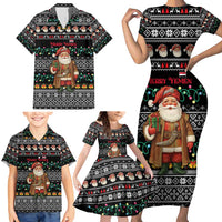 Yemen Christmas Family Matching Short Sleeve Bodycon Dress and Hawaiian Shirt with Traditional Santa Black Snowflake Pattern and Festive Lights - Wonder Print Shop