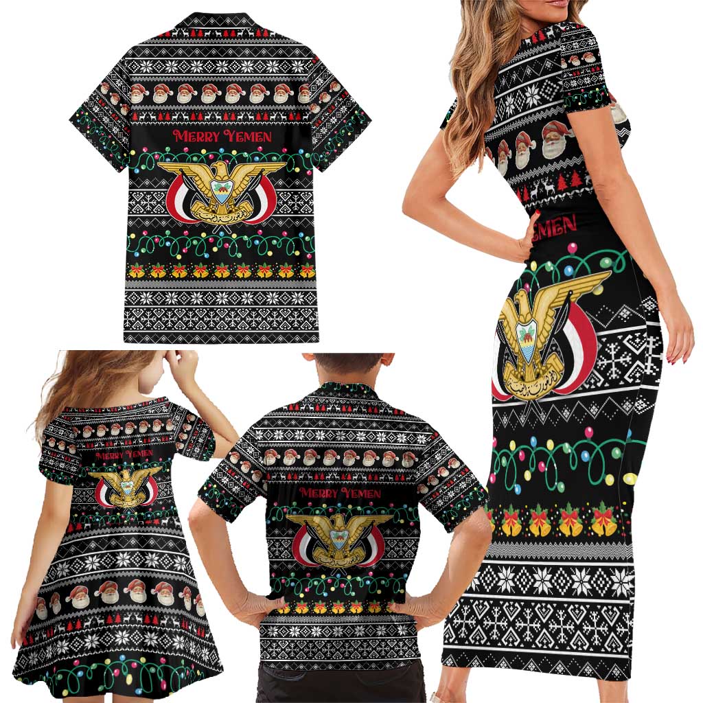 Yemen Christmas Family Matching Short Sleeve Bodycon Dress and Hawaiian Shirt with Traditional Santa Black Snowflake Pattern and Festive Lights - Wonder Print Shop