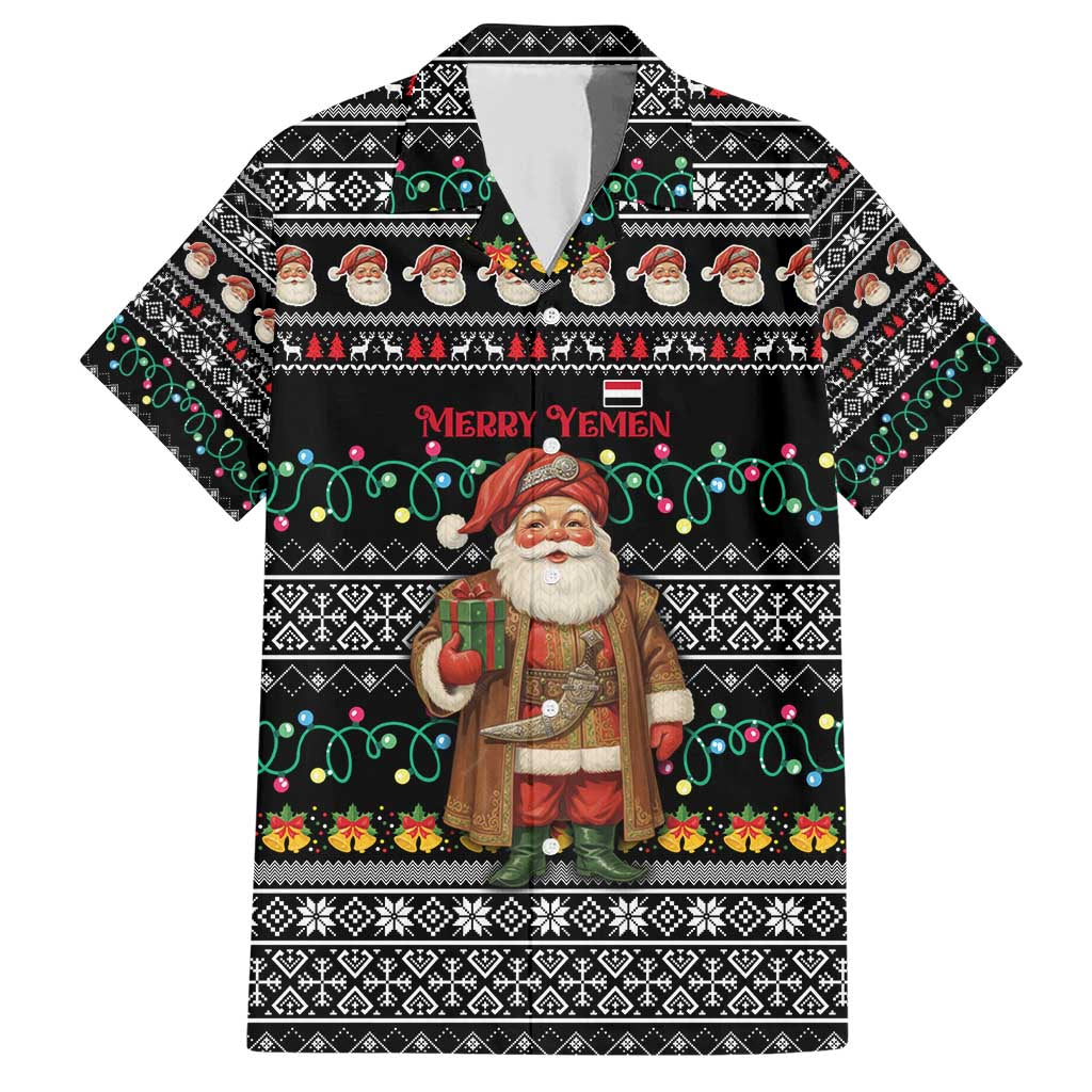 Yemen Christmas Family Matching Short Sleeve Bodycon Dress and Hawaiian Shirt with Traditional Santa Black Snowflake Pattern and Festive Lights - Wonder Print Shop