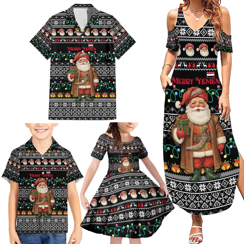 Yemen Christmas Family Matching Summer Maxi Dress and Hawaiian Shirt with Traditional Santa Black Snowflake Pattern and Festive Lights - undefined