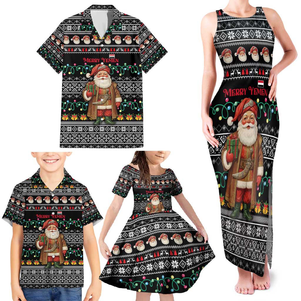 Yemen Christmas Family Matching Tank Maxi Dress and Hawaiian Shirt with Traditional Santa Black Snowflake Pattern and Festive Lights - Wonder Print Shop