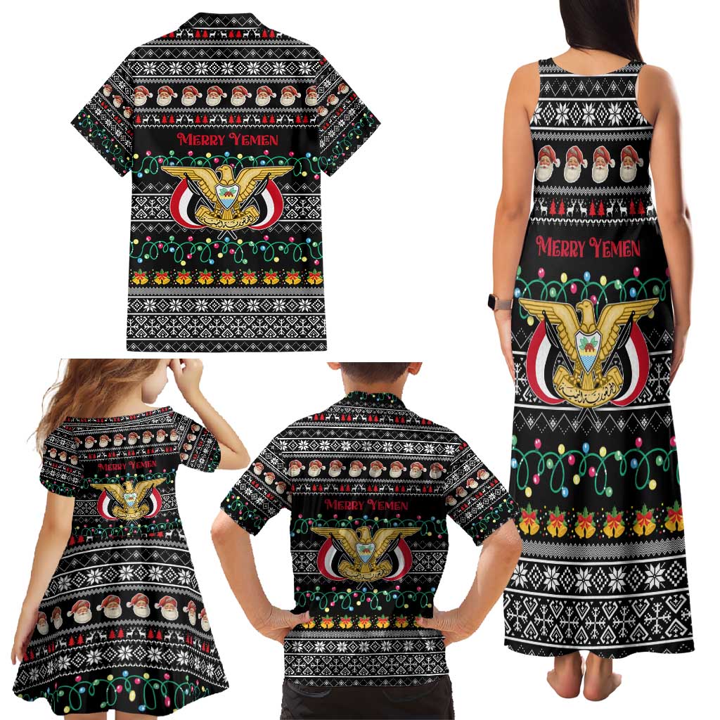 Yemen Christmas Family Matching Tank Maxi Dress and Hawaiian Shirt with Traditional Santa Black Snowflake Pattern and Festive Lights - Wonder Print Shop