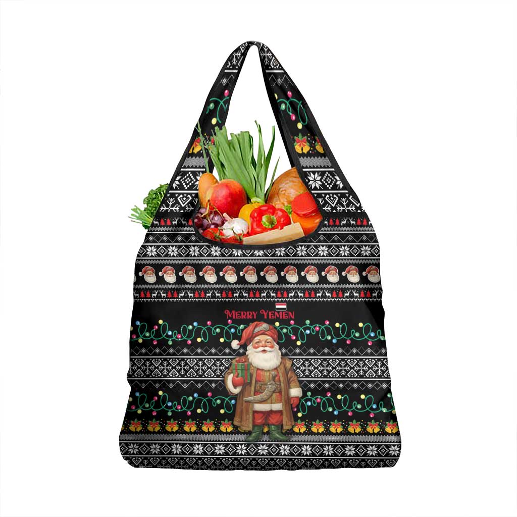 Yemen Christmas Grocery Bag with Traditional Santa Black Snowflake Pattern and Festive Lights - Wonder Print Shop