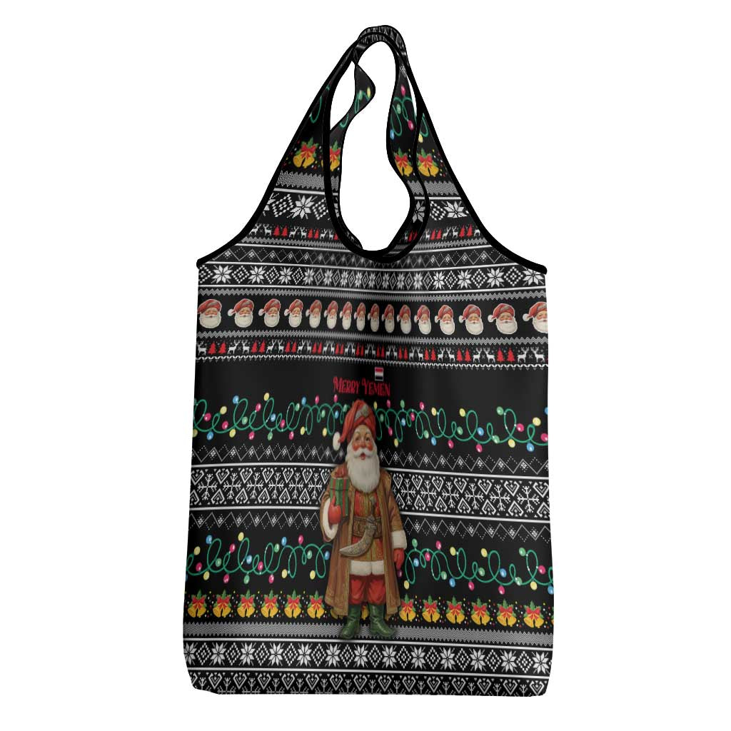 Yemen Christmas Grocery Bag with Traditional Santa Black Snowflake Pattern and Festive Lights - Wonder Print Shop