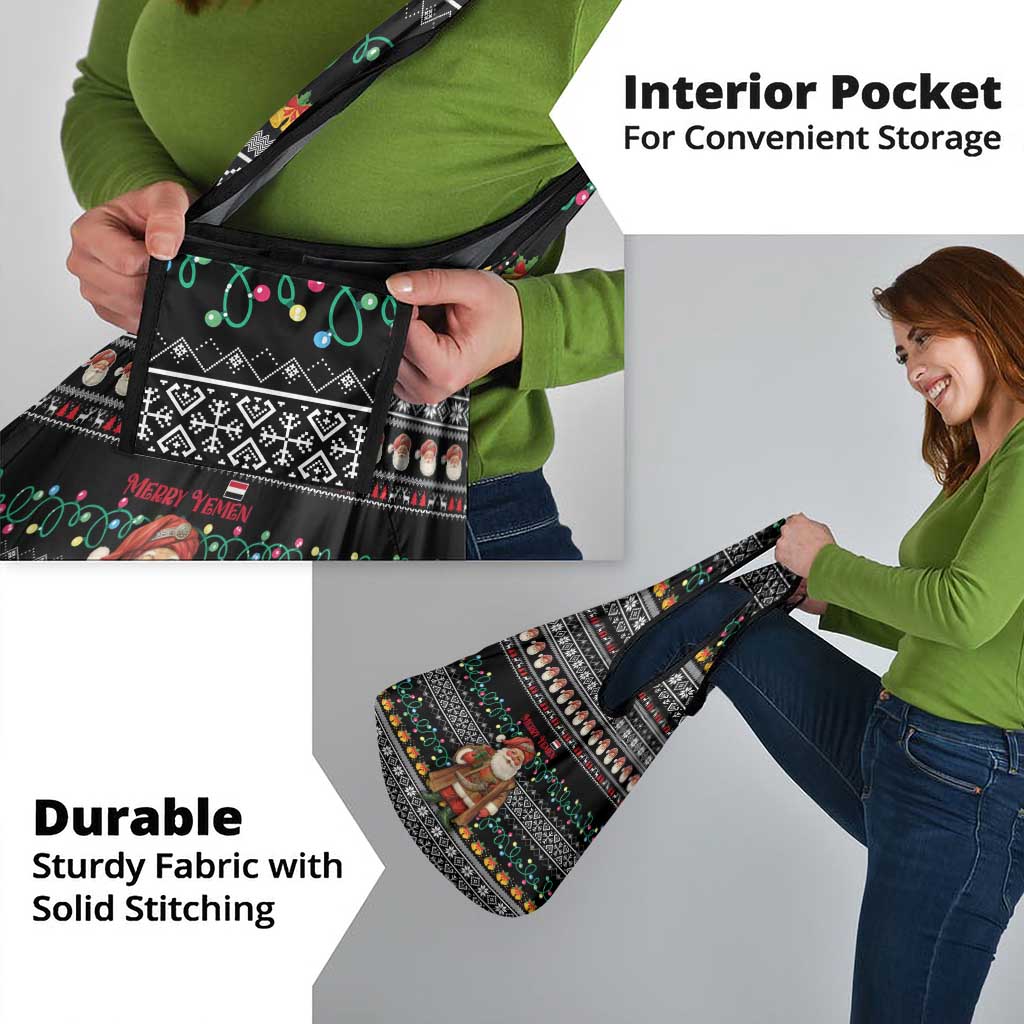 Yemen Christmas Grocery Bag with Traditional Santa Black Snowflake Pattern and Festive Lights - Wonder Print Shop