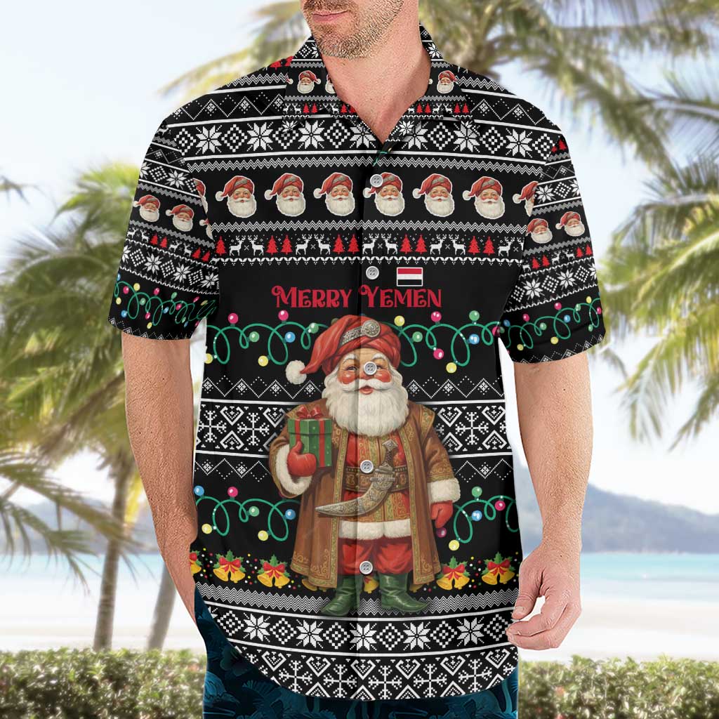 Yemen Christmas Hawaiian Shirt with Traditional Santa Black Snowflake Pattern and Festive Lights - Wonder Print Shop