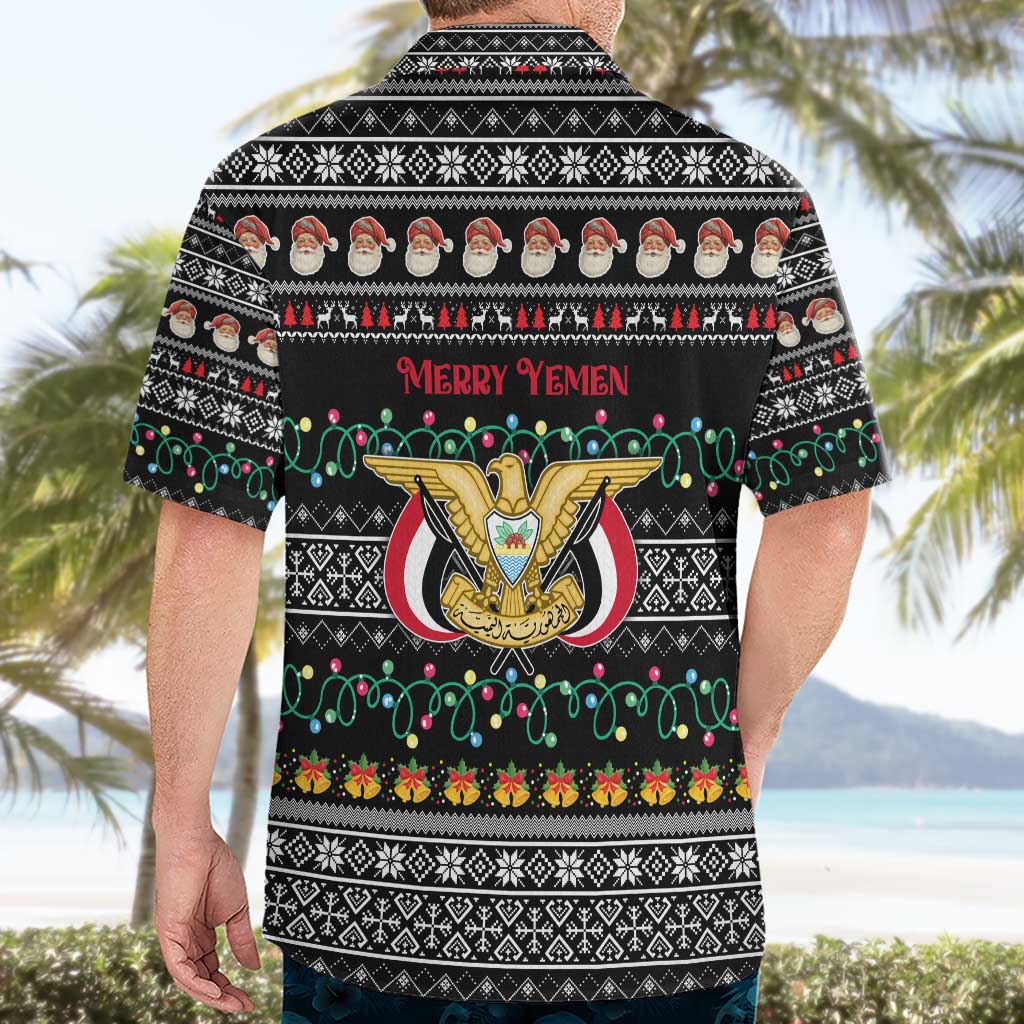 Yemen Christmas Hawaiian Shirt with Traditional Santa Black Snowflake Pattern and Festive Lights - Wonder Print Shop