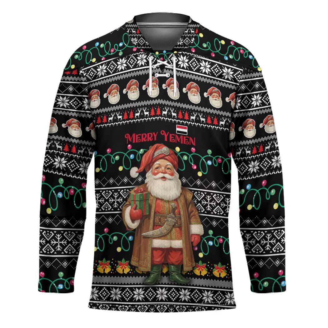 Yemen Christmas Hockey Jersey with Traditional Santa Black Snowflake Pattern and Festive Lights - Wonder Print Shop