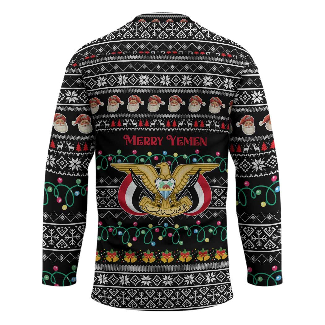 Yemen Christmas Hockey Jersey with Traditional Santa Black Snowflake Pattern and Festive Lights - Wonder Print Shop