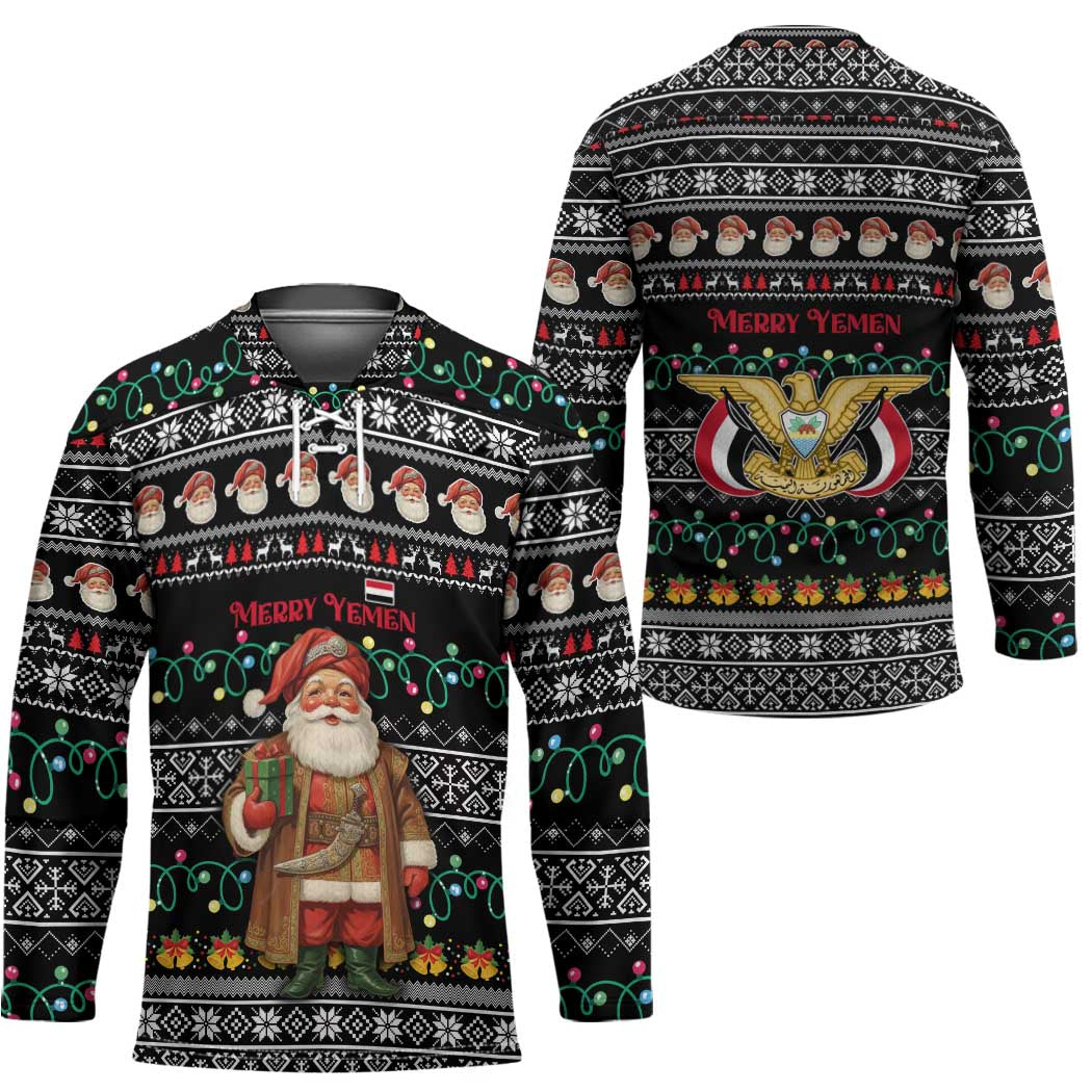 Yemen Christmas Hockey Jersey with Traditional Santa Black Snowflake Pattern and Festive Lights - Wonder Print Shop