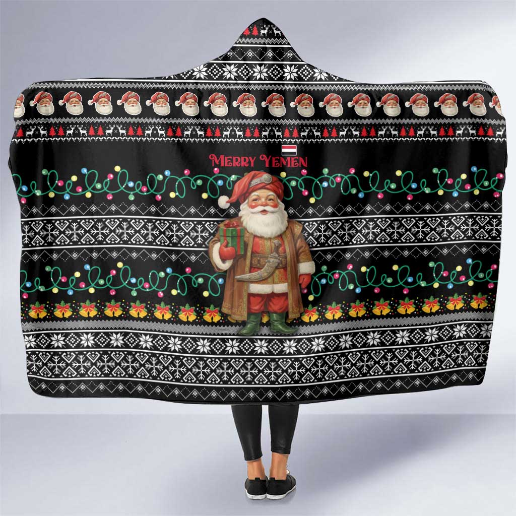 Yemen Christmas Hooded Blanket with Traditional Santa Black Snowflake Pattern and Festive Lights - Wonder Print Shop