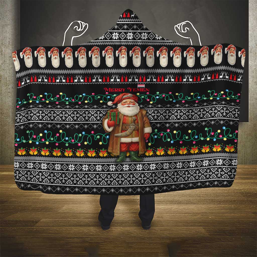 Yemen Christmas Hooded Blanket with Traditional Santa Black Snowflake Pattern and Festive Lights - Wonder Print Shop