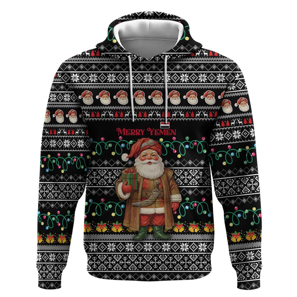 Yemen Christmas Hoodie with Traditional Santa Black Snowflake Pattern and Festive Lights - Wonder Print Shop