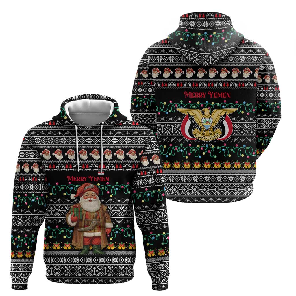 Yemen Christmas Hoodie with Traditional Santa Black Snowflake Pattern and Festive Lights - Wonder Print Shop