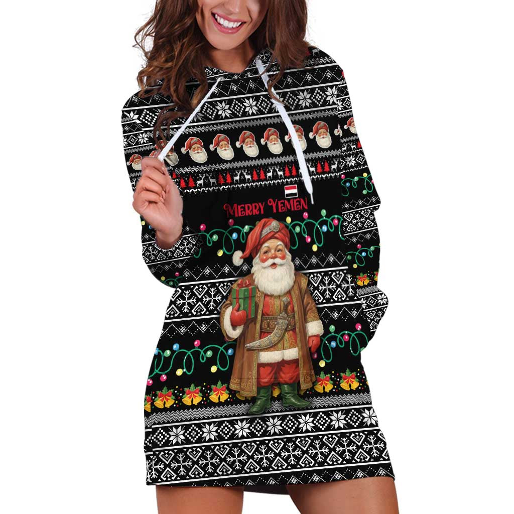 Yemen Christmas Hoodie Dress with Traditional Santa Black Snowflake Pattern and Festive Lights - Wonder Print Shop