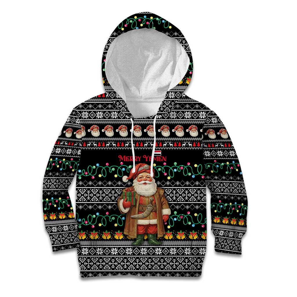 Yemen Christmas Kid Hoodie with Traditional Santa Black Snowflake Pattern and Festive Lights - Wonder Print Shop