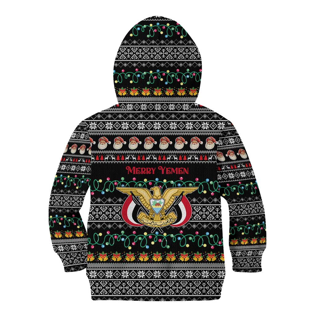 Yemen Christmas Kid Hoodie with Traditional Santa Black Snowflake Pattern and Festive Lights - Wonder Print Shop