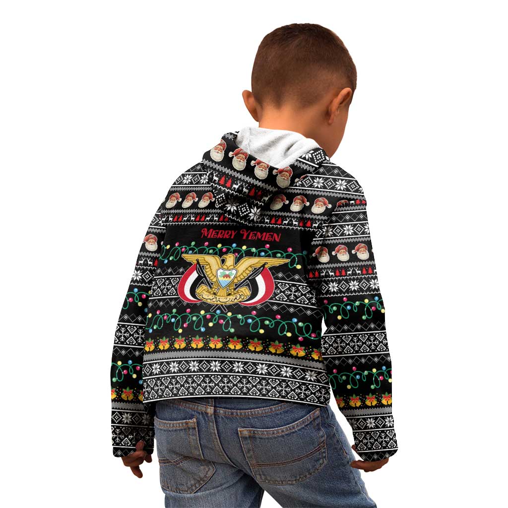 Yemen Christmas Kid Hoodie with Traditional Santa Black Snowflake Pattern and Festive Lights - Wonder Print Shop