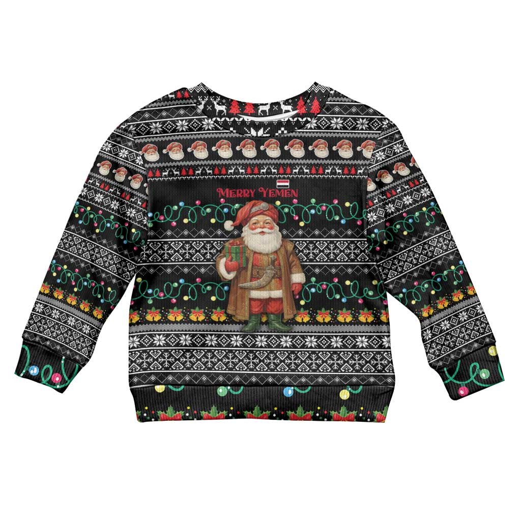 Yemen Christmas Kid Ugly Christmas Sweater with Traditional Santa Black Snowflake Pattern and Festive Lights - Wonder Print Shop