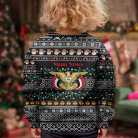 Yemen Christmas Kid Ugly Christmas Sweater with Traditional Santa Black Snowflake Pattern and Festive Lights - Wonder Print Shop