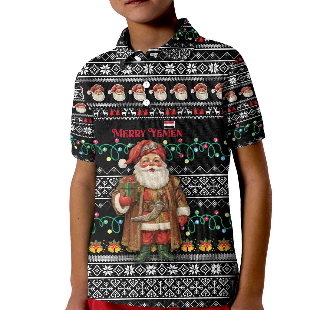 Yemen Christmas Kid Polo Shirt with Traditional Santa Black Snowflake Pattern and Festive Lights - Wonder Print Shop