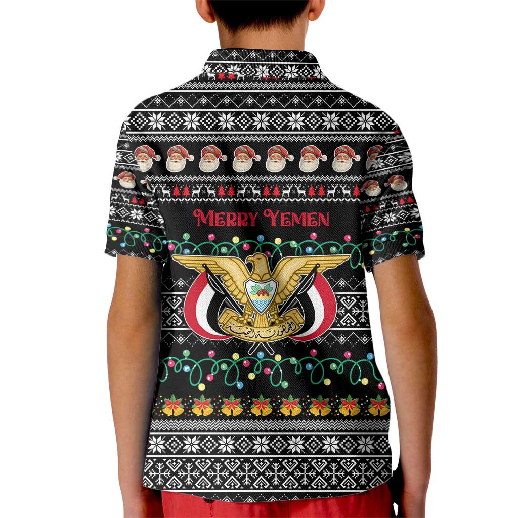 Yemen Christmas Kid Polo Shirt with Traditional Santa Black Snowflake Pattern and Festive Lights - Wonder Print Shop