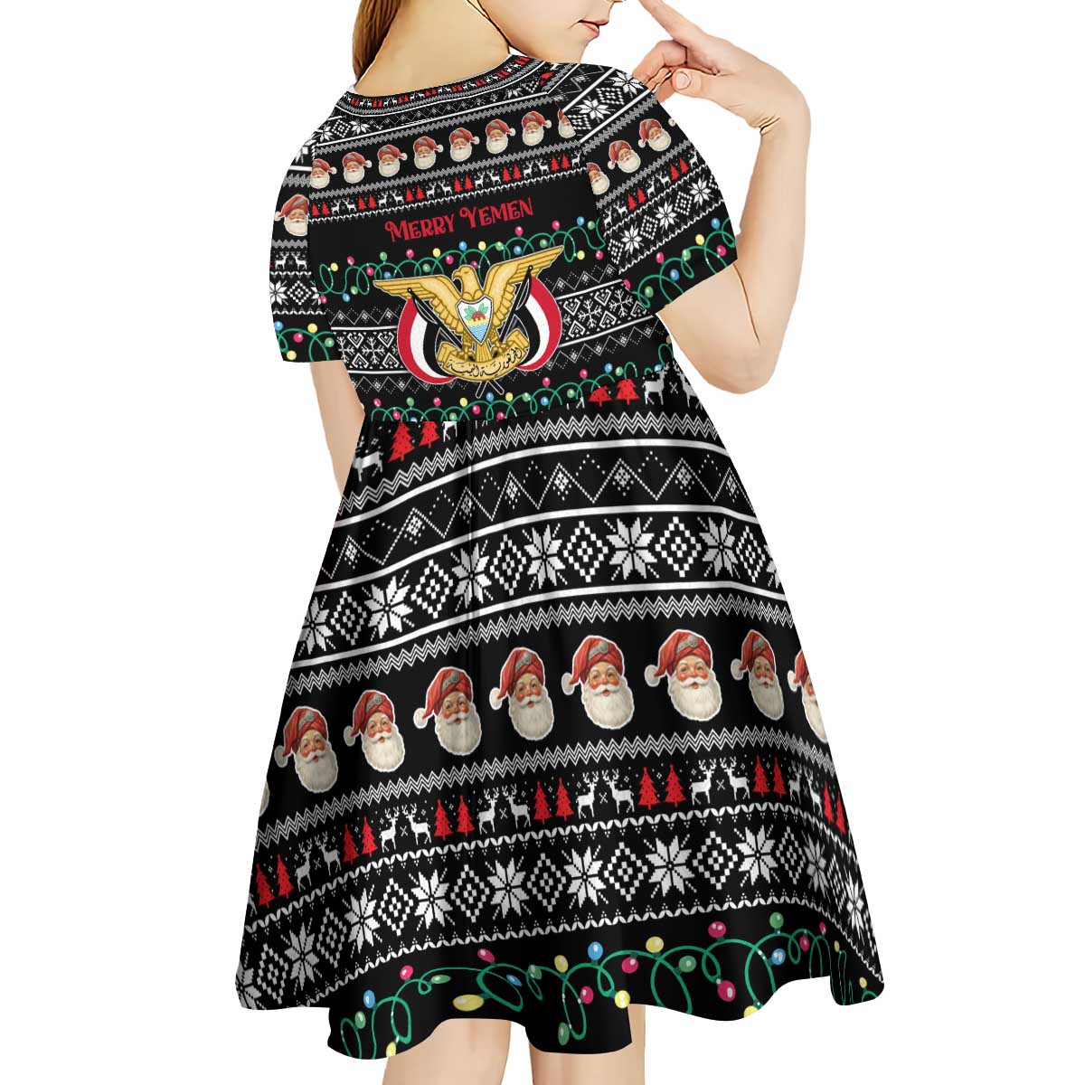 Yemen Christmas Kid Short Sleeve Dress with Traditional Santa Black Snowflake Pattern and Festive Lights - Wonder Print Shop