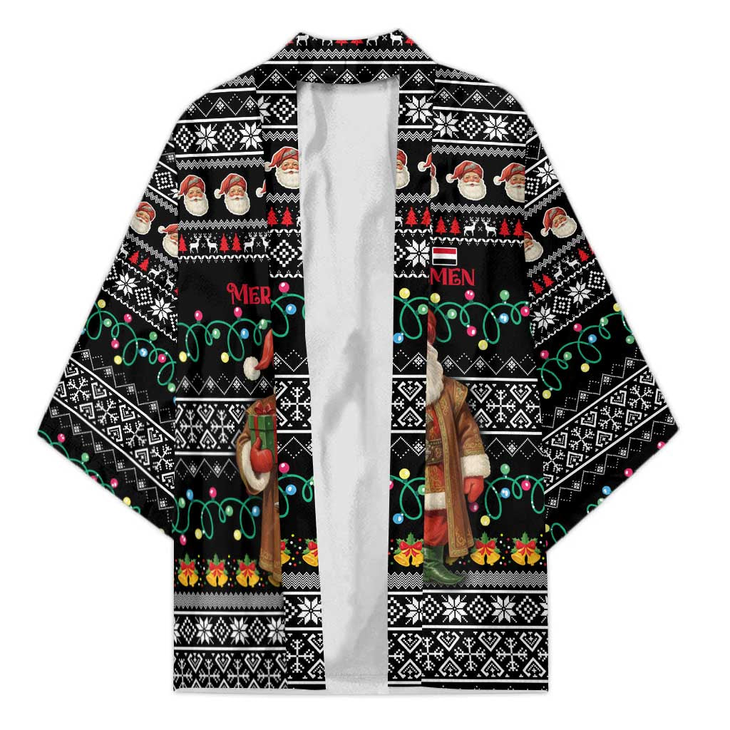 Yemen Christmas Kimono with Traditional Santa Black Snowflake Pattern and Festive Lights - Wonder Print Shop