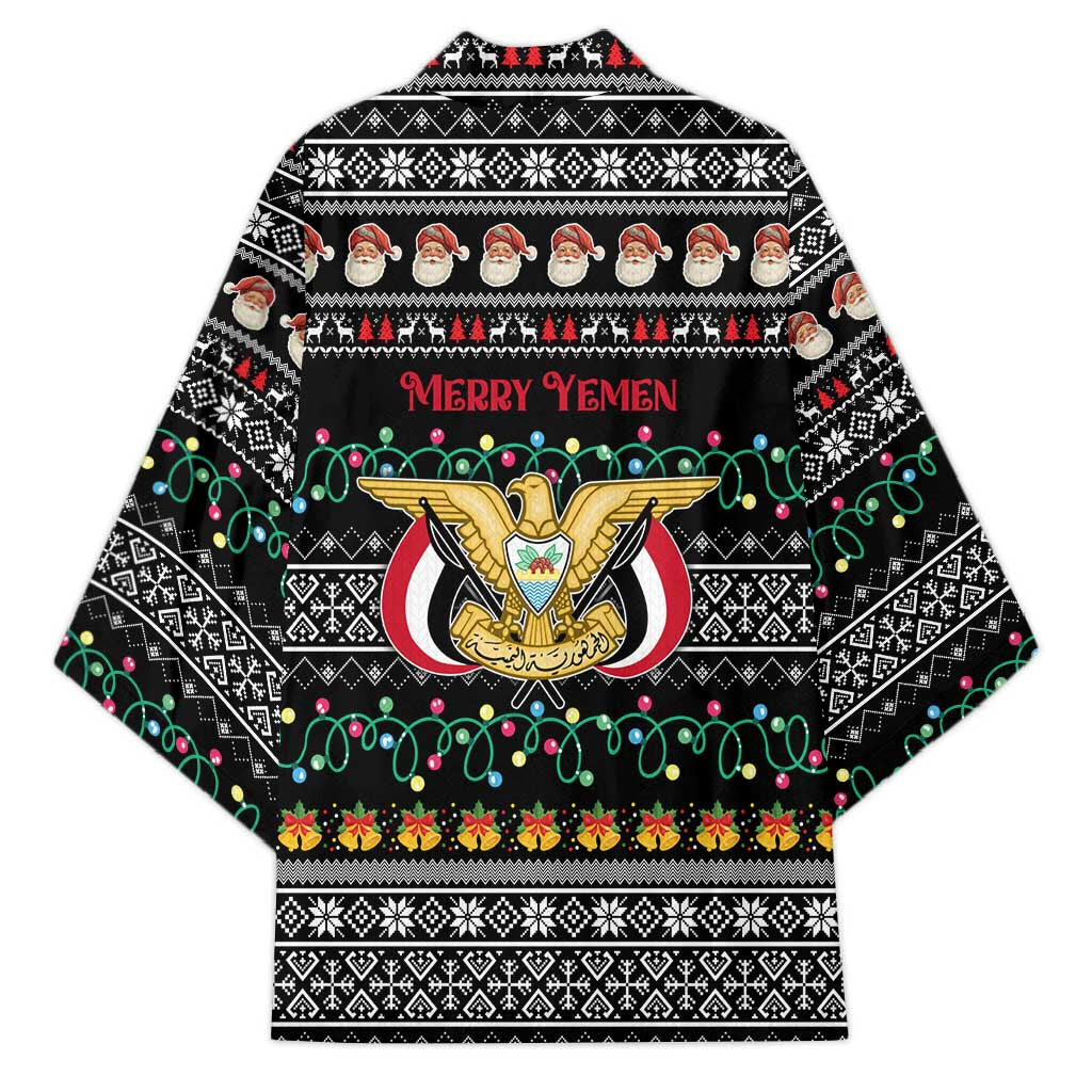 Yemen Christmas Kimono with Traditional Santa Black Snowflake Pattern and Festive Lights - Wonder Print Shop