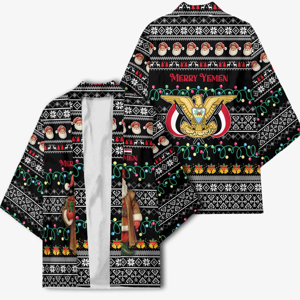 Yemen Christmas Kimono with Traditional Santa Black Snowflake Pattern and Festive Lights - Wonder Print Shop