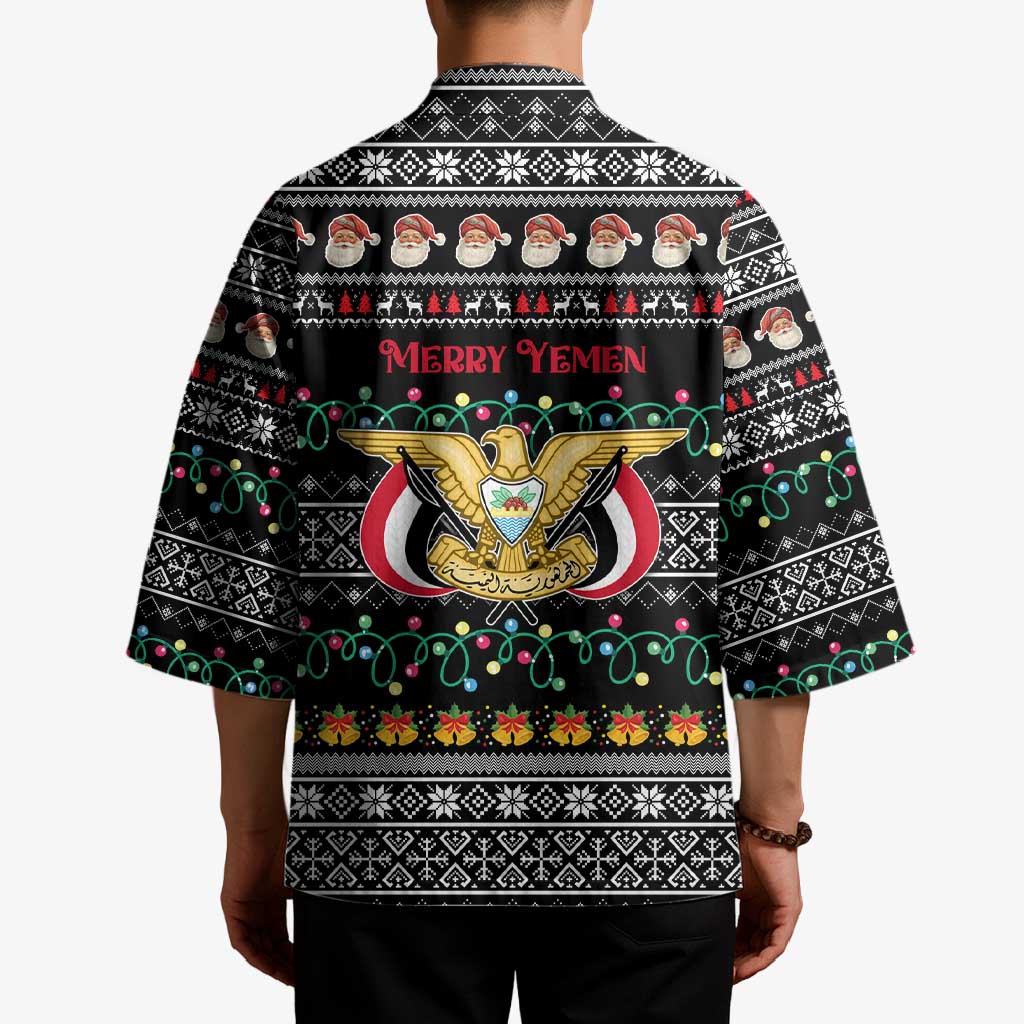 Yemen Christmas Kimono with Traditional Santa Black Snowflake Pattern and Festive Lights - Wonder Print Shop