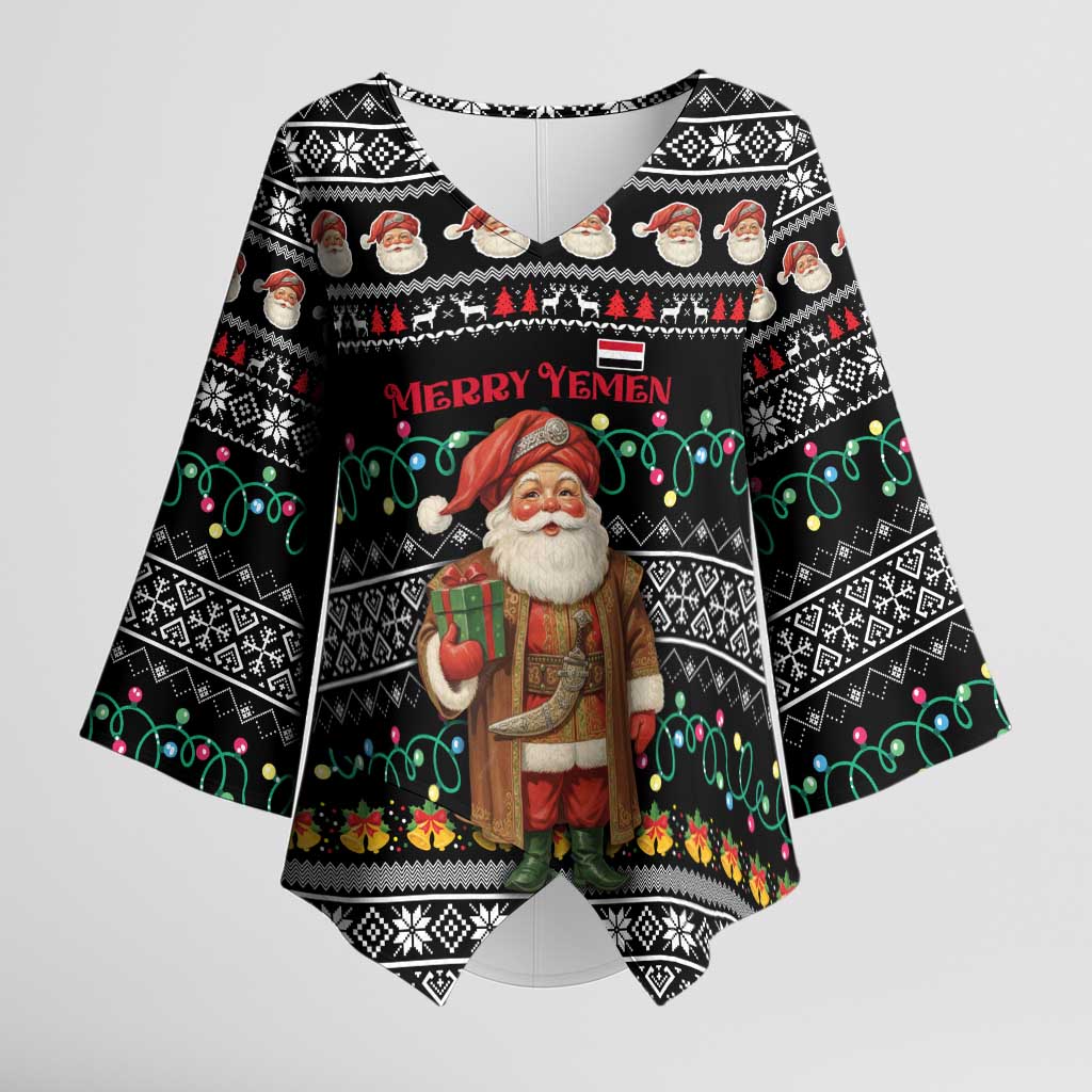 Yemen Christmas Kimono Sleeve Blouse with Traditional Santa Black Snowflake Pattern and Festive Lights - Wonder Print Shop