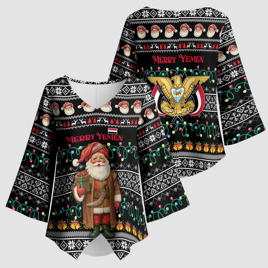 Yemen Christmas Kimono Sleeve Blouse with Traditional Santa Black Snowflake Pattern and Festive Lights - Wonder Print Shop