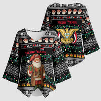 Yemen Christmas Kimono Sleeve Blouse with Traditional Santa Black Snowflake Pattern and Festive Lights - Wonder Print Shop