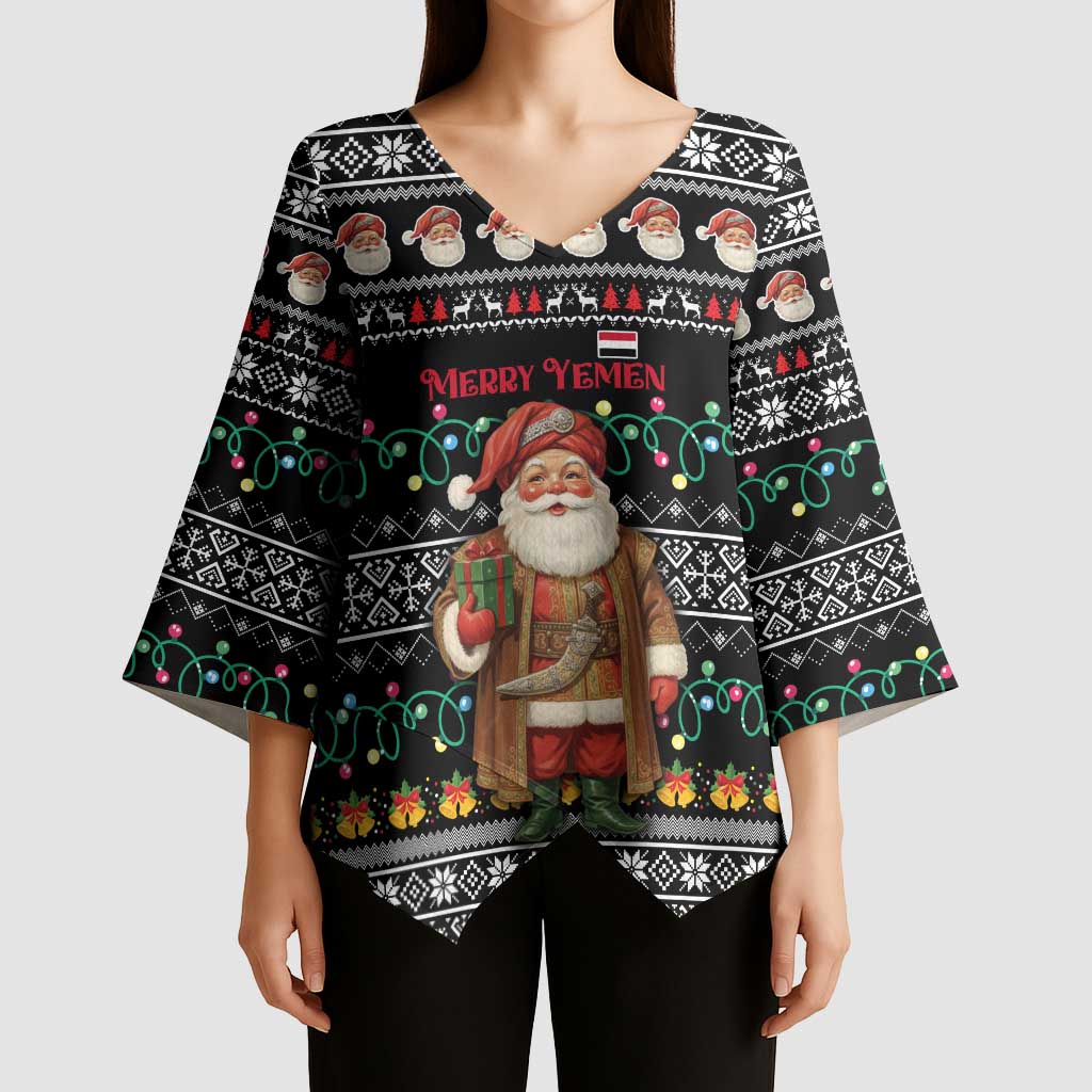 Yemen Christmas Kimono Sleeve Blouse with Traditional Santa Black Snowflake Pattern and Festive Lights - Wonder Print Shop