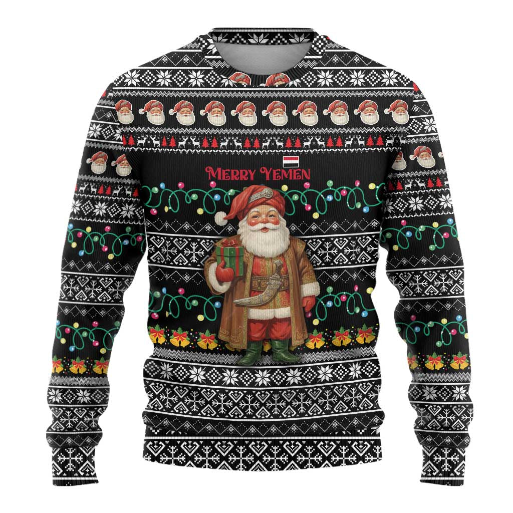 Yemen Christmas Ugly Christmas Sweater with Traditional Santa Black Snowflake Pattern and Festive Lights - Wonder Print Shop