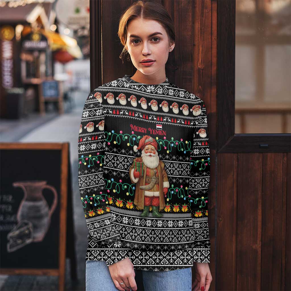 Yemen Christmas Ugly Christmas Sweater with Traditional Santa Black Snowflake Pattern and Festive Lights - Wonder Print Shop