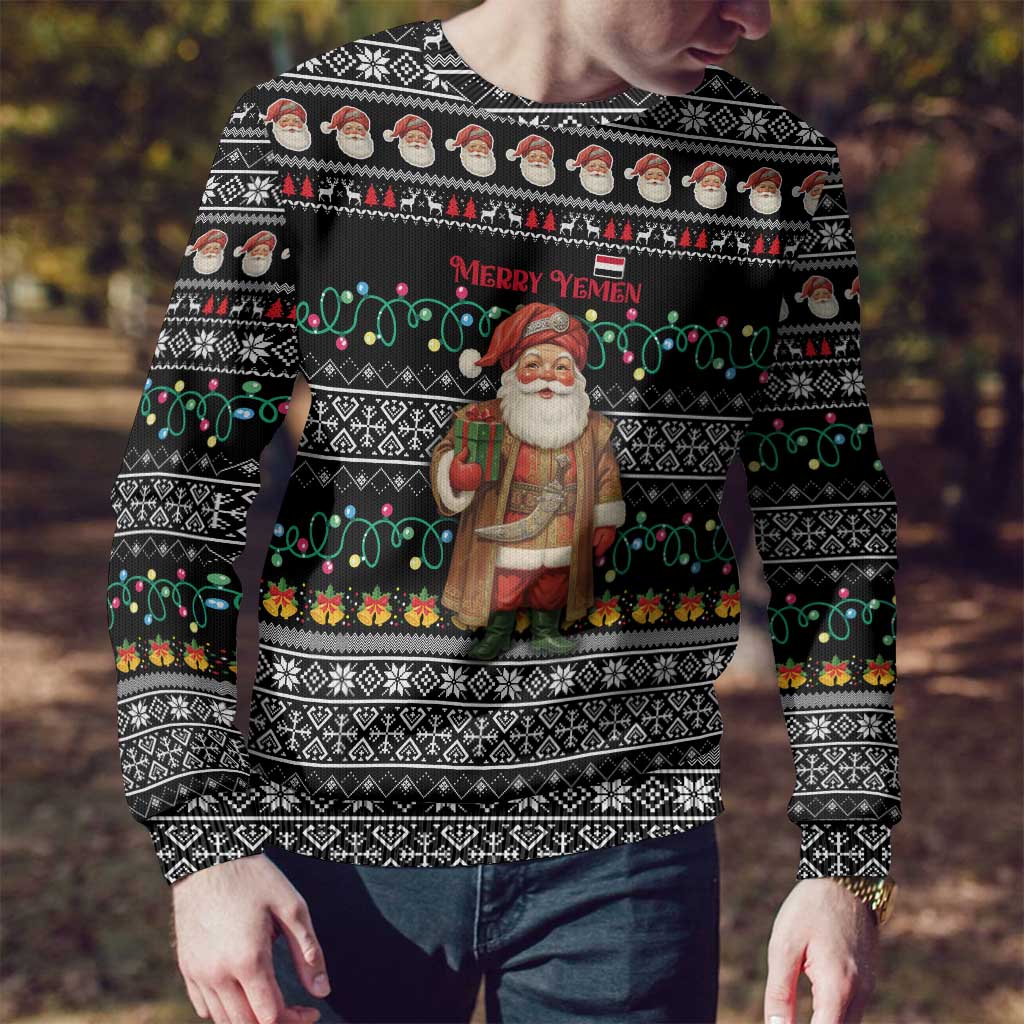 Yemen Christmas Ugly Christmas Sweater with Traditional Santa Black Snowflake Pattern and Festive Lights - Wonder Print Shop