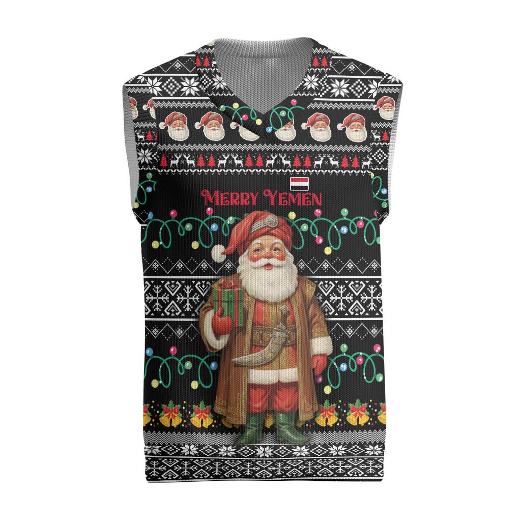 Yemen Christmas Knitted V-Neck Vest with Traditional Santa Black Snowflake Pattern and Festive Lights - Wonder Print Shop