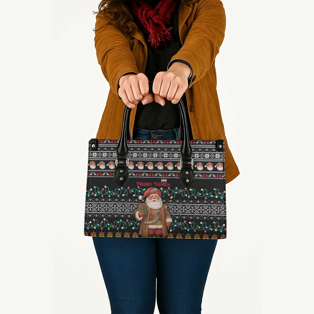 Yemen Christmas Leather Bag with Traditional Santa Black Snowflake Pattern and Festive Lights - Wonder Print Shop