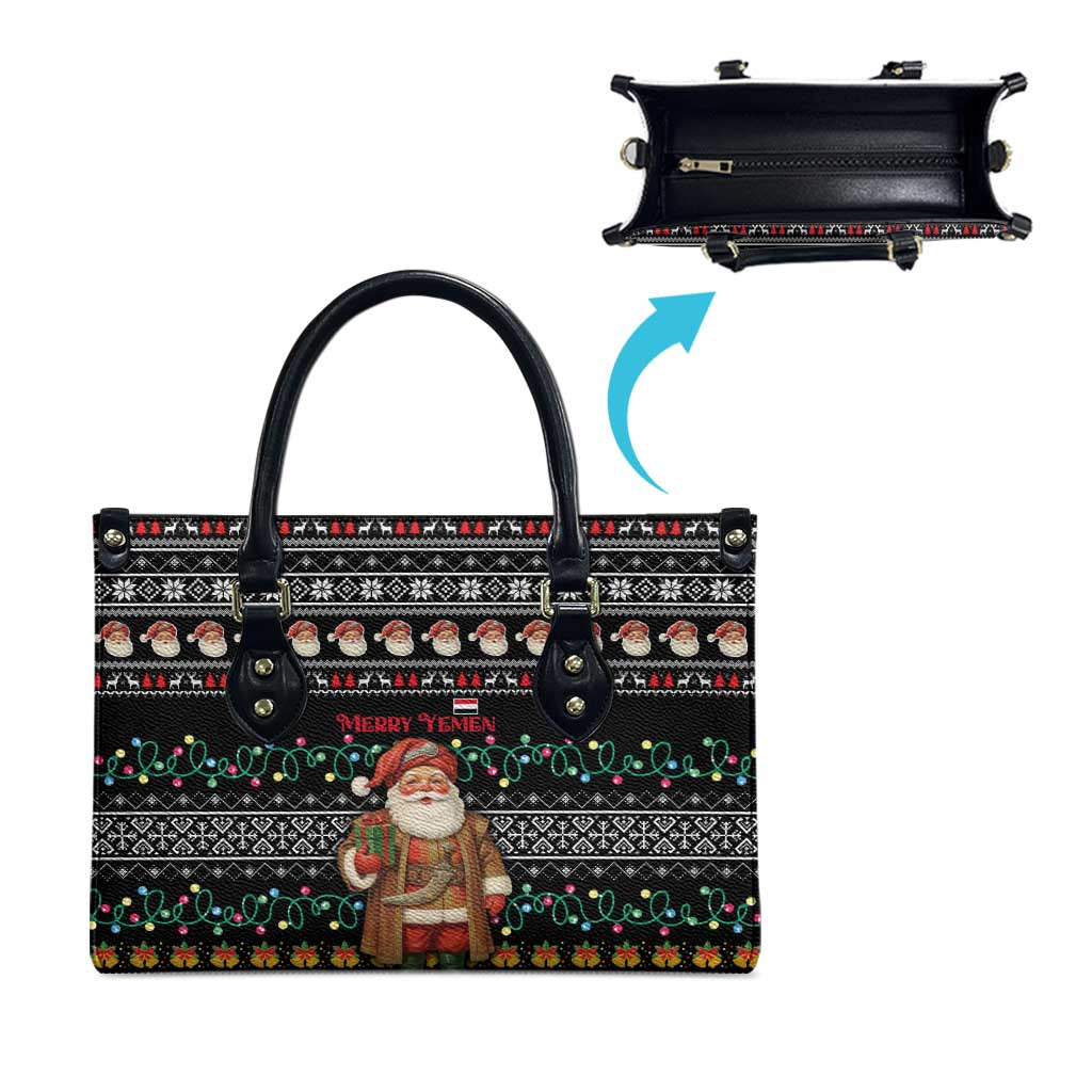Yemen Christmas Leather Bag with Traditional Santa Black Snowflake Pattern and Festive Lights - Wonder Print Shop