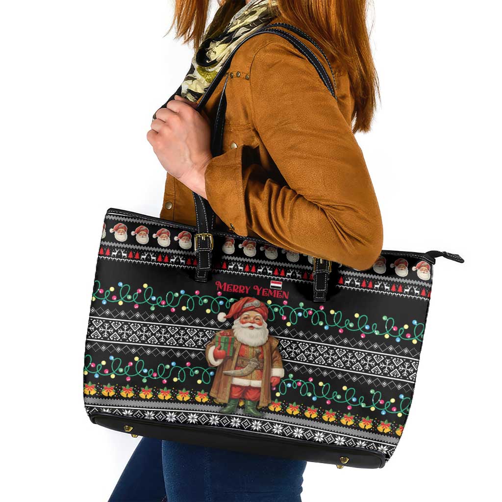 Yemen Christmas Leather Tote Bag with Traditional Santa Black Snowflake Pattern and Festive Lights - Wonder Print Shop