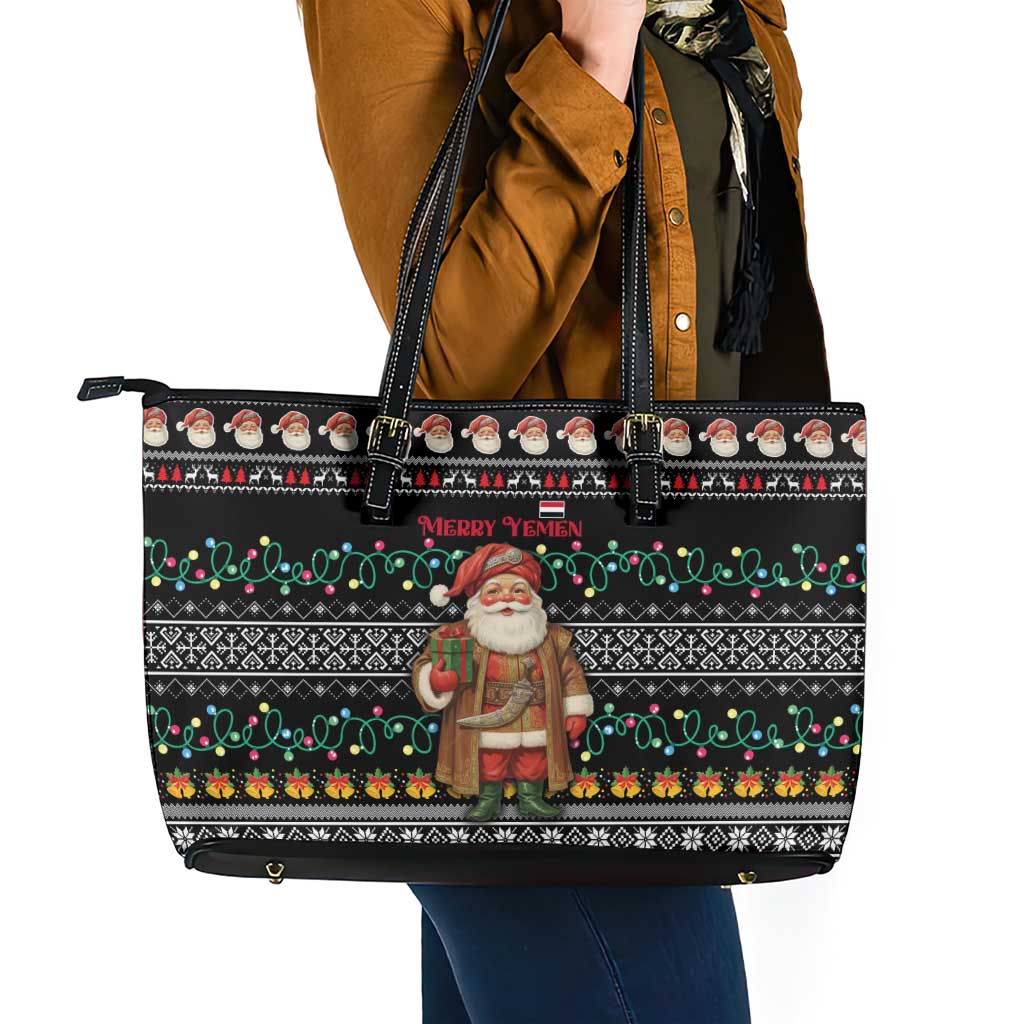 Yemen Christmas Leather Tote Bag with Traditional Santa Black Snowflake Pattern and Festive Lights - Wonder Print Shop