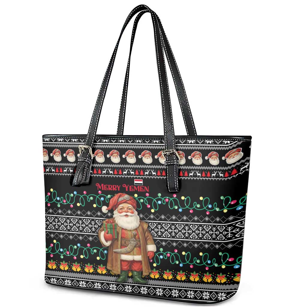 Yemen Christmas Leather Tote Bag with Traditional Santa Black Snowflake Pattern and Festive Lights - Wonder Print Shop