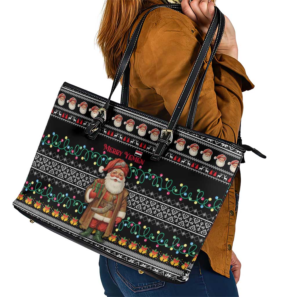 Yemen Christmas Leather Tote Bag with Traditional Santa Black Snowflake Pattern and Festive Lights - Wonder Print Shop